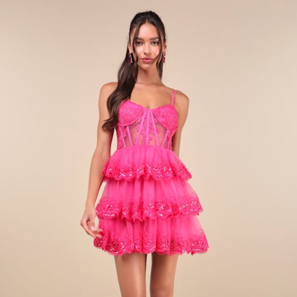 Lulus Dresses & Skirts - Lulus Exquisite Drama Hot Pink Embroidered Sequin Tiered Mini Dress - Size M